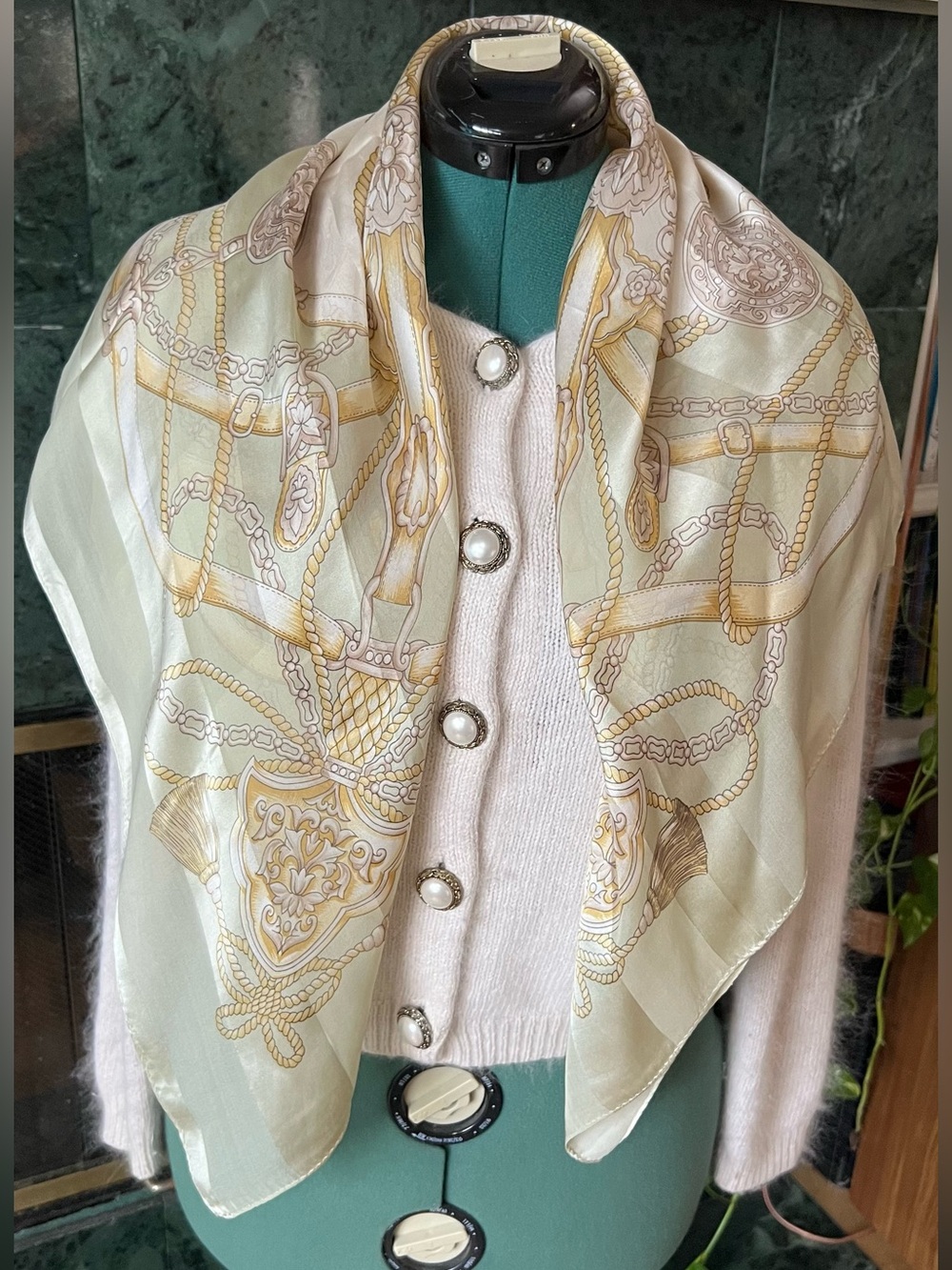 BALENCIAGA Paris Silk Square Scarf 34” Beige Gold Rope Tassel Crest Vintage - Picture 3 of 12